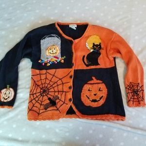 Vintage Halloween Button-Up Orange and Black Knit Sweater Yarnworks Womens Large